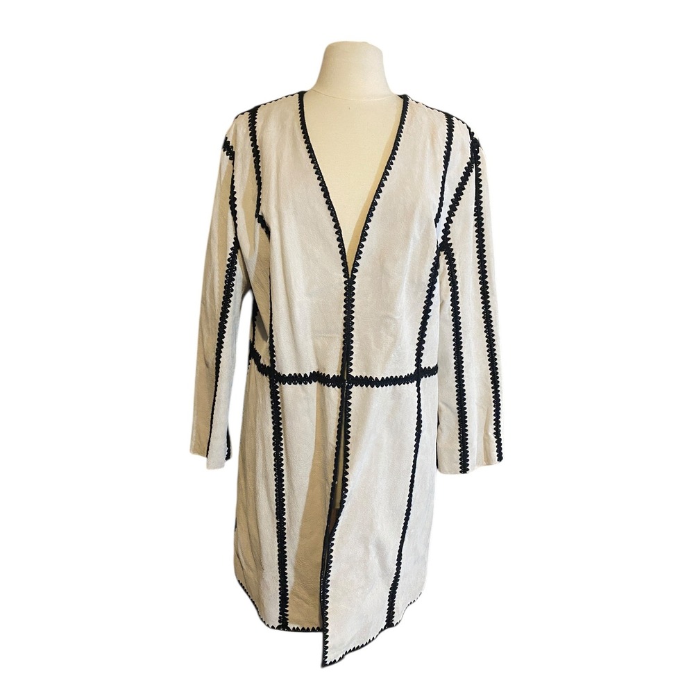 Pamela McCoy Collections Womens 1X Beige Genuine Leather Jacket Open Front